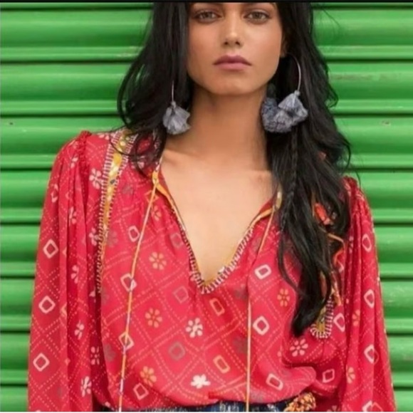 Anthropologie Tops - Verb Pallavi Lulita Anthropologie Semi Sheer Brick Red Peasant Blouse Top